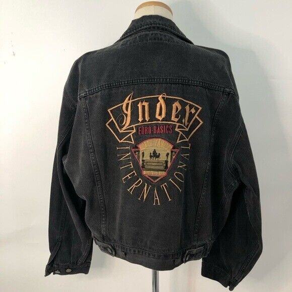 Vintage L Mens Denim Jean Jacket Embroidered faded black index international 938 - Picture 9 of 9